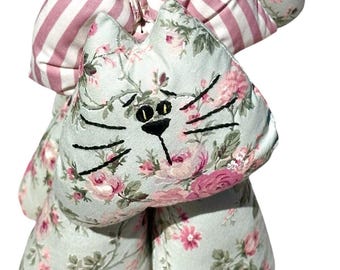 Floral Katze Stoff Plüsch Pink Streifen Schleife Cottagecore Decor weiche Skulptur