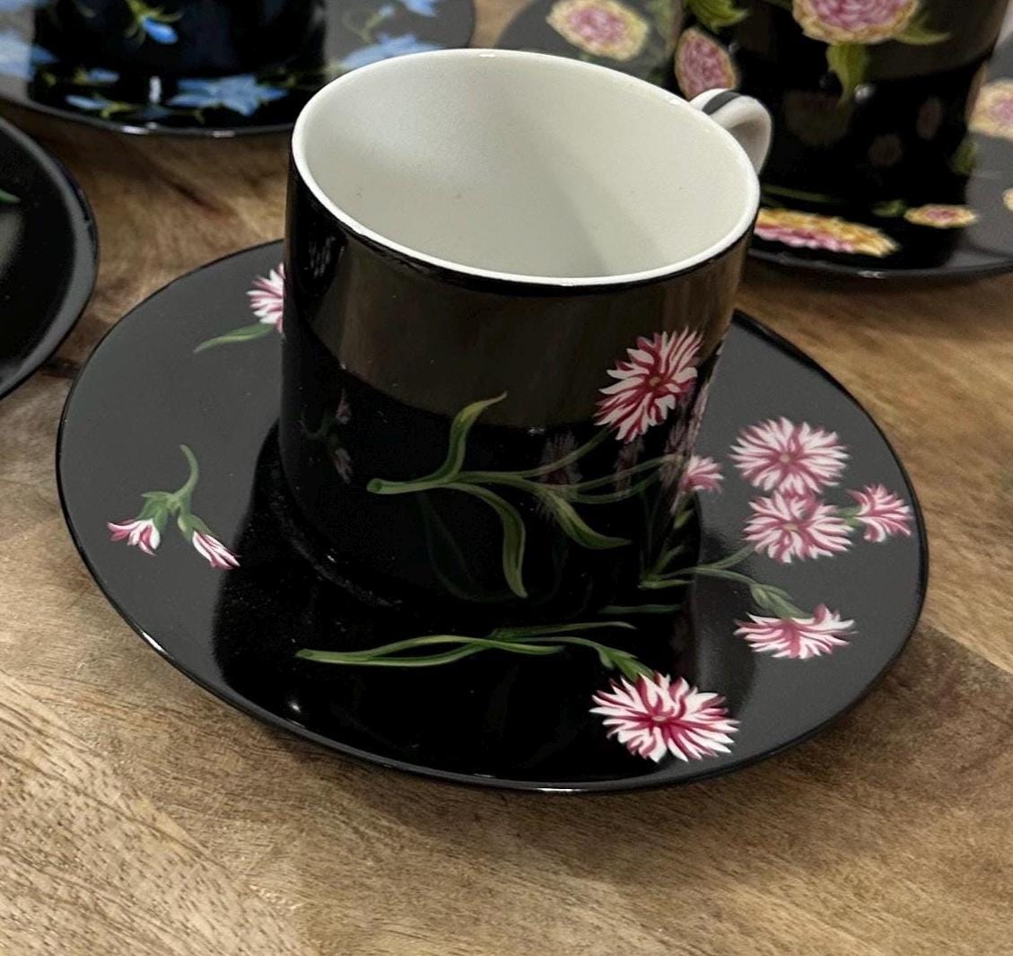 Tiffany & Co Mrs Delany Flowers Cup Saucer Black Pink Floral