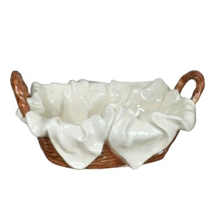 Alças de cesta de cerâmica Vtg, forro de tecido, peça central decorativa para cesta de pão