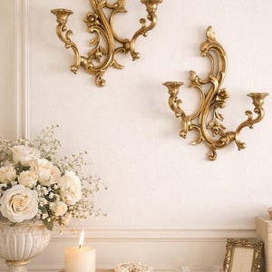 Gold Syroco Wall Sconces Pair: Ornate Floral Scroll Candle Holders (3931)