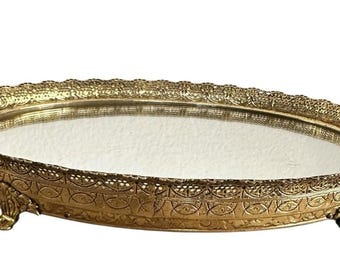 Gold Filligrane Spiegel Tablett Oval Footed Eitelkeit Ormolu Stil Vintage
