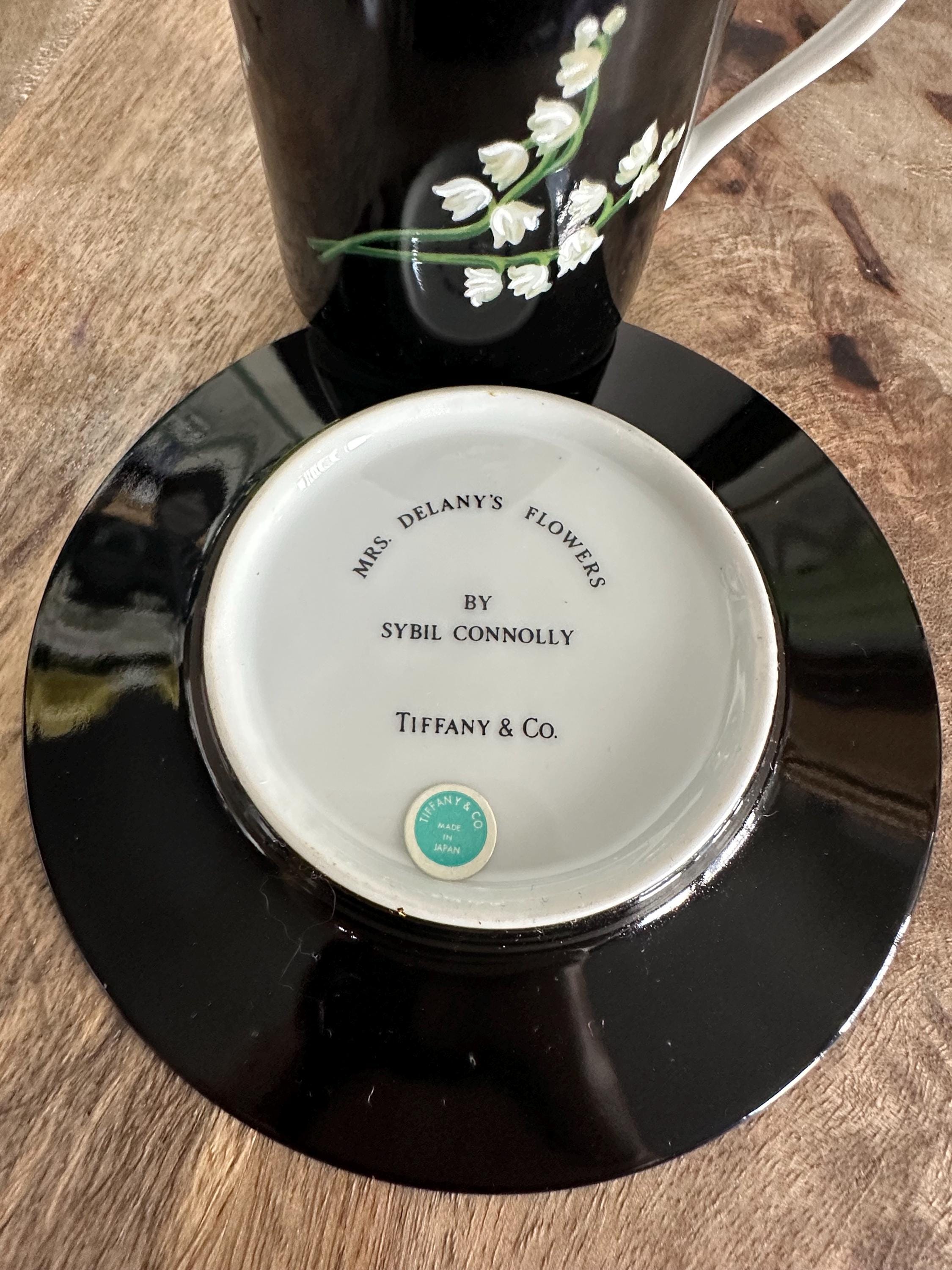 Tiffany & Co Mrs Delany Flowers Cup Saucer Black Porcelain Lily of