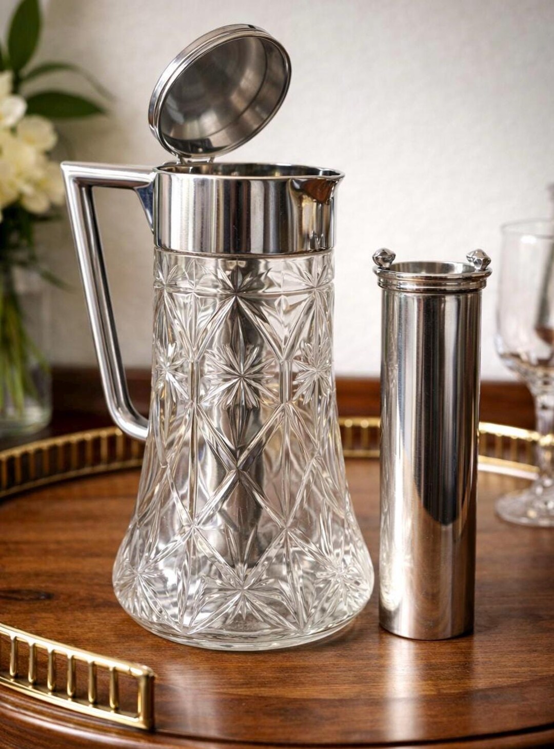 STERLING950 リキュール　銀装飾　セット Art Deco Crystal Claret Jug With Silver Plate Ice Tube, Bar Cart