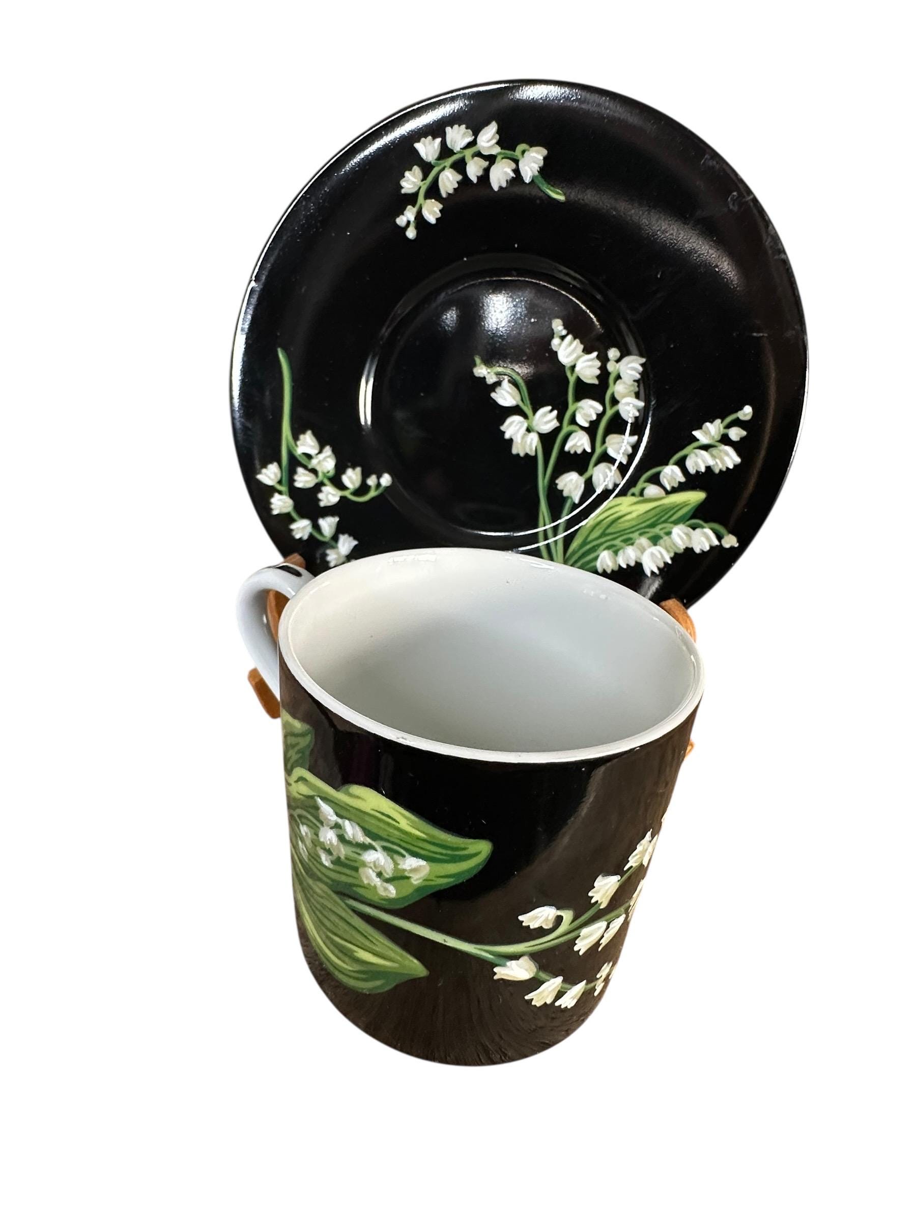 Tiffany & Co Mrs Delany Flowers Cup Saucer Black Porcelain Lily of