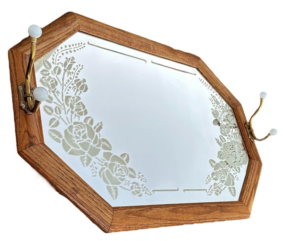 Etched Rack Hexagonal Wood Framed Mirror Etched Roses Brass Hooks Cottage Coat Rack ...