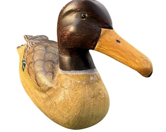 Holz Ente Decoy Hand geschnitzt, bemalt, Teil Gips, Glasaugen, Stockente 30x15x10 cm