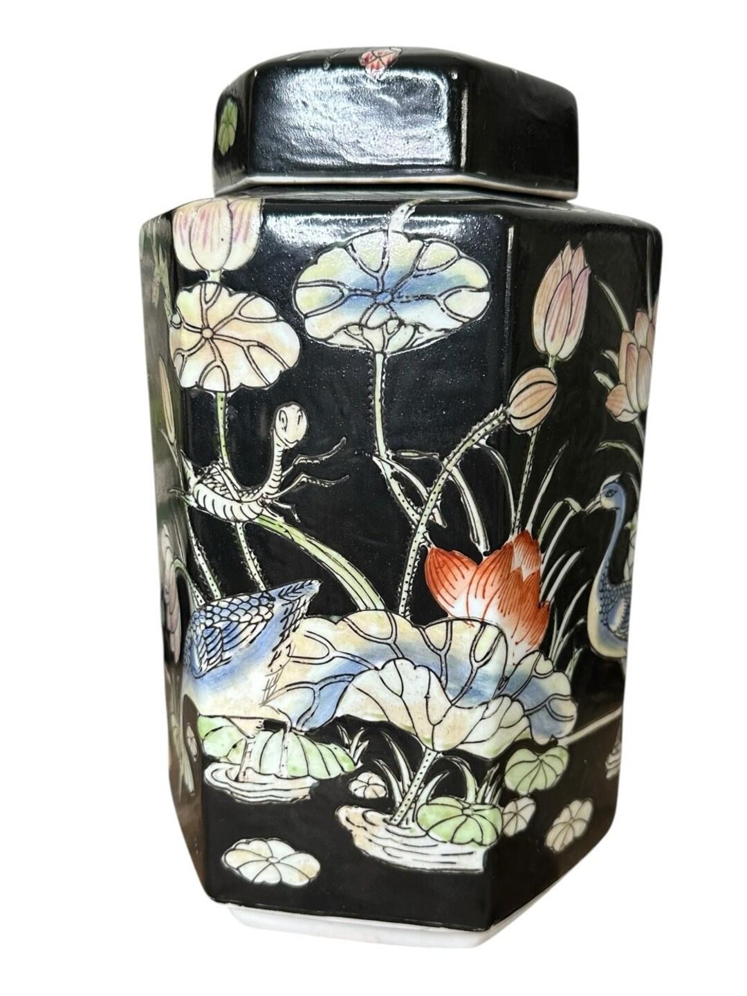 Chinese Export Famille Noire Hexagonal Ginger Jar Lotus, Crane
