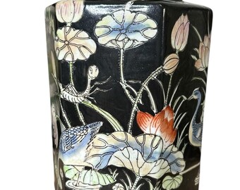Chinese Export Famille Noire Hexagonal Ginger Jar Lotus, Crane