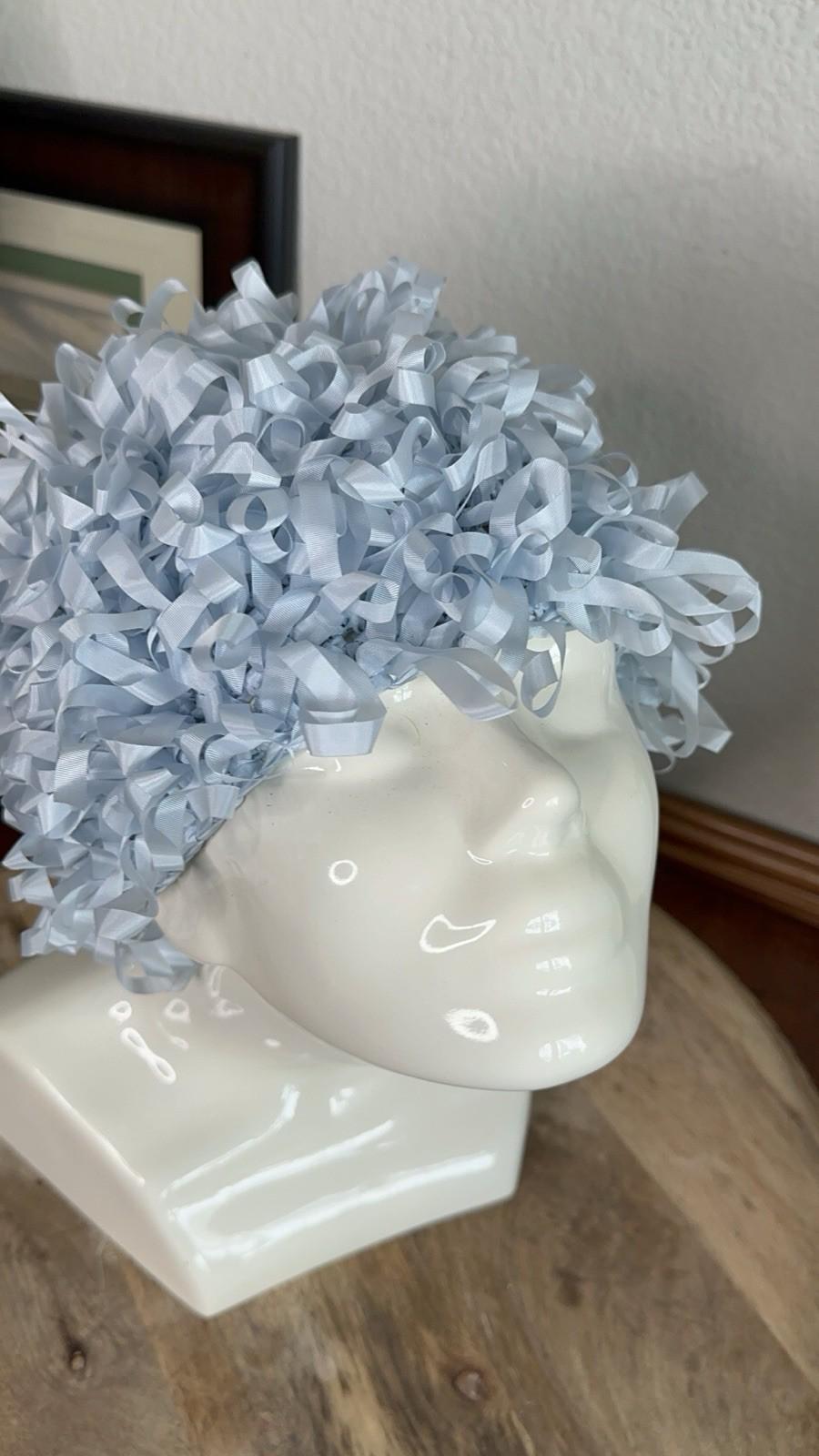 Joseph Magnin Blue Ribbon Hat Ruffled Loop Mid Century  display picture 2