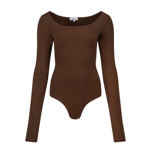 May include: A brown long-sleeved bodysuit with a scoop neck.