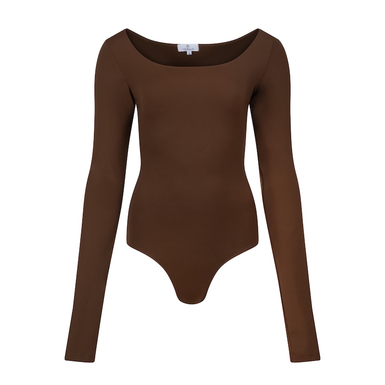 May include: A brown long-sleeved bodysuit with a scoop neck.