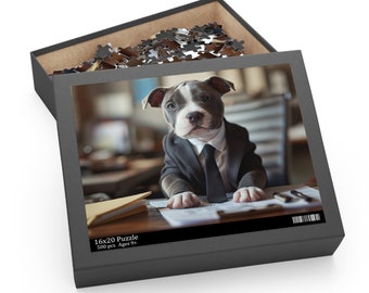 Pitbull Puppy Puzzle - Office Puppy Paws and Puzzles,  Puppy Puzzle, Jigsaw, Dogs, Suit, Professional, Game, Family, Toy, Animal
