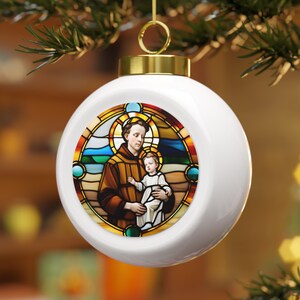 Saint Anthony Stained Glass Christmas Ball Ornament, Vintage Holiday Decor, Religious Ornaments, Poinsettia Tree Decoration, Unique Gifts