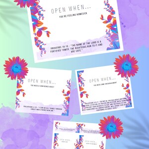 May include: A set of printable cards with floral designs and inspirational quotes. Each card has a different message, such as "Open When You're Feeling Homesick" or "Open When You Need a Confidence Boost". The cards feature Bible verses and encouraging words.