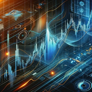 May include: Abstract digital illustration with blue and orange lines, graphs, and data points. The image has a futuristic and technological feel.