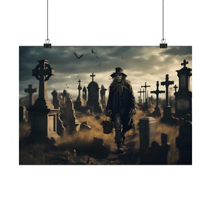 A Lonely Scarecrow&#39;s Graveyard Haunt - Halloween Art, Spooky Art, Graveyard Art, Scarecrow Art, Matte Poster