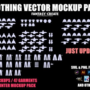 Op de afbeelding: Een digitaal mockup-pakket met 78 kleding sjablonen voor herfst en winter. Het pakket bevat 47 verschillende kledingstukken, zoals jassen, truien, broeken en shirts. De mockups zijn beschikbaar in SVG en PNG-formaten en compatibel met Adobe Illustrator, Photoshop en andere ontwerpsoftware.