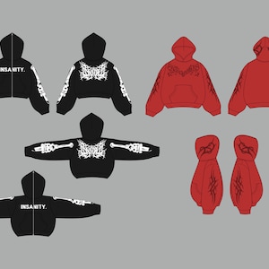 May include: A set of black and red hoodies with different graphic designs. The black hoodies feature a skeleton design on the sleeves and a gothic-style graphic on the front. The red hoodies feature a tribal-style graphic on the sleeves and front.