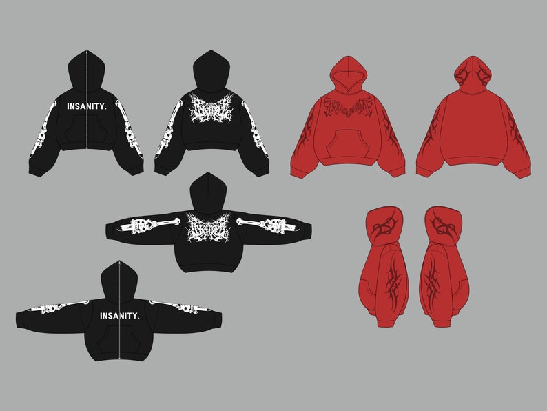 May include: A set of black and red hoodies with different graphic designs. The black hoodies feature a skeleton design on the sleeves and a gothic-style graphic on the front. The red hoodies feature a tribal-style graphic on the sleeves and front.