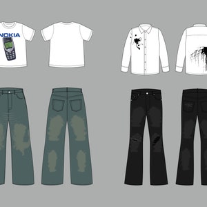 May include: A set of clothing items including a white t-shirt with a Nokia phone graphic, a plain white t-shirt, a white long-sleeve button-down shirt with black paint splatters, a white long-sleeve button-down shirt with black paint drips, a pair of blue distressed jeans, a pair of blue distressed jeans, a pair of black distressed jeans, and a pair of black distressed jeans.
