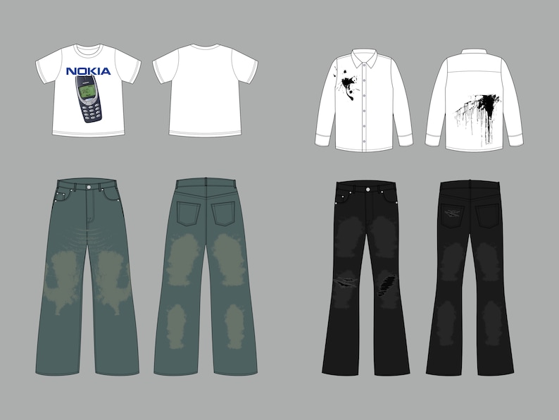 May include: A set of clothing items including a white t-shirt with a Nokia phone graphic, a plain white t-shirt, a white long-sleeve button-down shirt with black paint splatters, a white long-sleeve button-down shirt with black paint drips, a pair of blue distressed jeans, a pair of blue distressed jeans, a pair of black distressed jeans, and a pair of black distressed jeans.