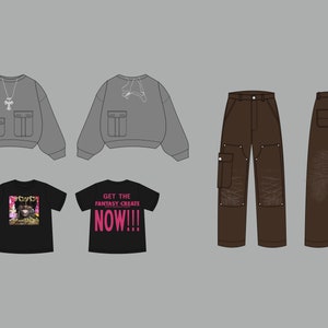 May include: A set of clothing items including a gray cropped sweatshirt with a pocket, a black t-shirt with a graphic print, a black t-shirt with the text "GET THE FANTASY CREATE NOW!!!", and two pairs of brown cargo pants.