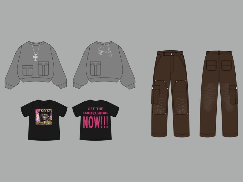 May include: A set of clothing items including a gray cropped sweatshirt with a pocket, a black t-shirt with a graphic print, a black t-shirt with the text "GET THE FANTASY CREATE NOW!!!", and two pairs of brown cargo pants.