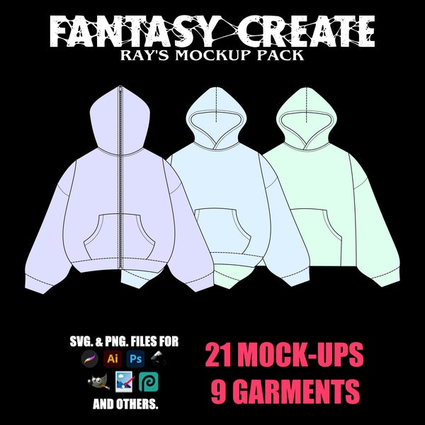 Hoodie Vector Mockup Pack / 21 Mock-Ups 9 Garments / FANTASY CREATE