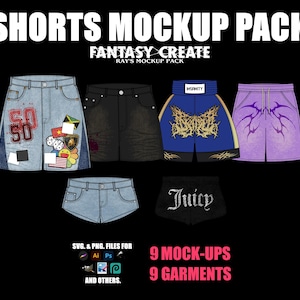 Puede incluir: Un paquete de maquetas con varios diseños de shorts. La imagen muestra cinco estilos diferentes de shorts, incluyendo shorts de mezclilla con parches, shorts negros, shorts de boxeo azules con un diseño dorado y shorts morados con un diseño tribal. El texto en la imagen dice "SHORTS MOCKUP PACK".