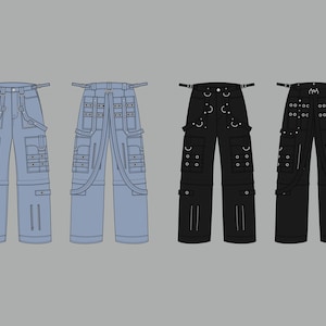 May include: Four pairs of cargo pants with multiple pockets and straps. Two pairs are black, one is light blue, and one is a darker shade of blue.