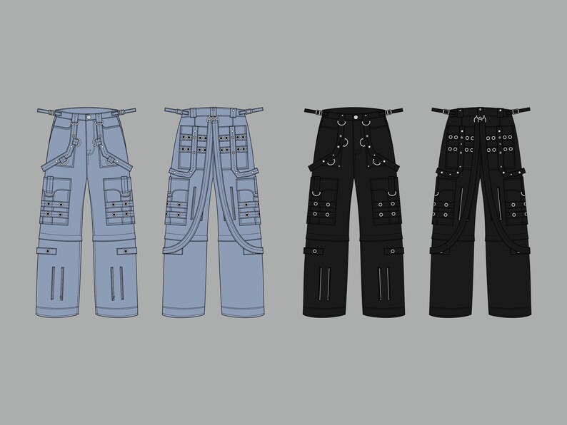 May include: Four pairs of cargo pants with multiple pockets and straps. Two pairs are black, one is light blue, and one is a darker shade of blue.