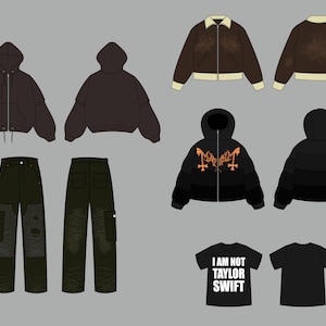 May include: A set of clothing items including a black hooded sweatshirt, a brown leather jacket, a black puffer jacket with an orange graphic, a pair of green cargo pants, and two t-shirts. One t-shirt is black and the other is white with the text "I AM NOT TAYLOR SWIFT" in black.