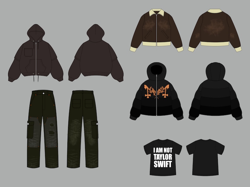 May include: A set of clothing items including a black hooded sweatshirt, a brown leather jacket, a black puffer jacket with an orange graphic, a pair of green cargo pants, and two t-shirts. One t-shirt is black and the other is white with the text "I AM NOT TAYLOR SWIFT" in black.
