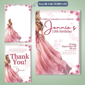 Editable Pink Princess Birthday Invitation Template, Printable Floral Debut Floral 13th 16th 18th Party, Instant Download thank you card image 2