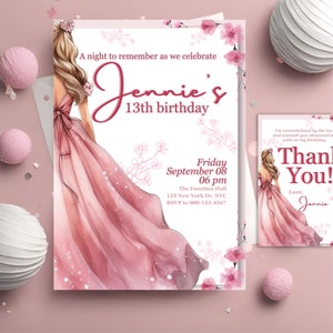 Editable Pink Princess Birthday Invitation Template, Printable Floral Debut Floral 13th 16th 18th Party, Instant Download thank you card image 1