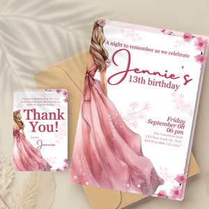 Editable Pink Princess Birthday Invitation Template, Printable Floral Debut Floral 13th 16th 18th Party, Instant Download thank you card image 6
