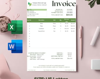 Invoice Template, Minimalist Green Digital Invoice, Microsoft EXCEL and WORD Business Editable Template, Printable Simple Company Documents