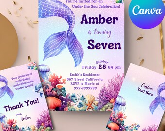 MERMAID Birthday Invitation Template Under the Sea Party Printable Invitation Electronic Mermaid Tail Party Invite Digital Under the sea