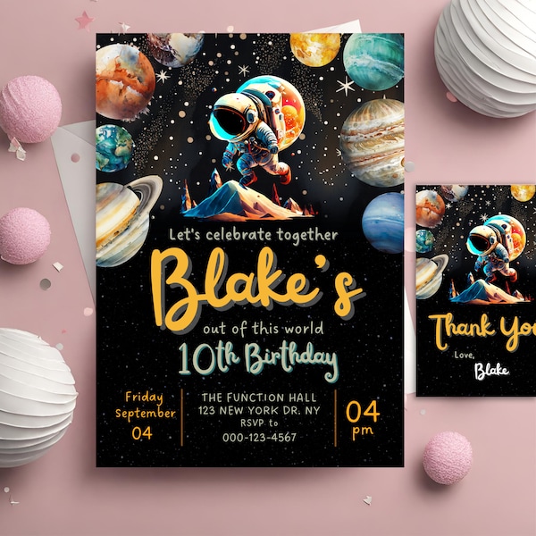 Editable Astronaut Outer Space Birthday Invitation Template Planets Rocket Ship Astronaut Invite, Galaxy Blast Off Invitation thank you card