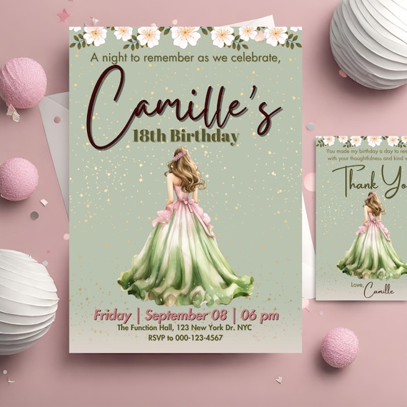 Editable Princess Birthday Invitation Template Printable 13th 16th 18th Debut Birthday Princess Debut Thank You Card Etsy