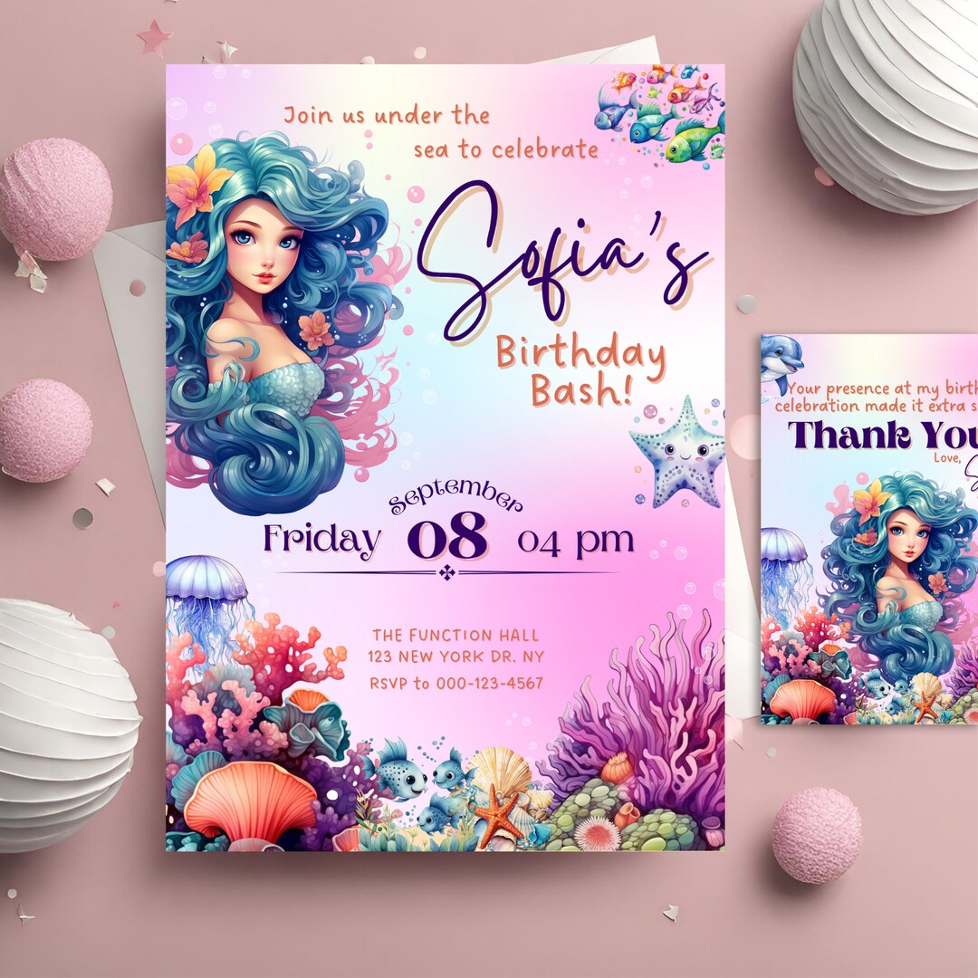 Editable Mermaid Birthday Invitation Template Printable Under - Etsy