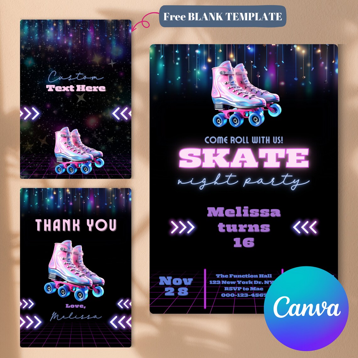 Editable ROLLER SKATE Birthday Invitation, Skate Night Party Invitation ...