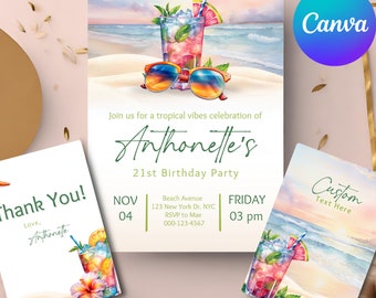 Editable BEACH BIRTHDAY Invitation, Beach Vibes Party Summer Beach Birthday Invite Pool Party Tropical Invitation 21st Birthday Celebration