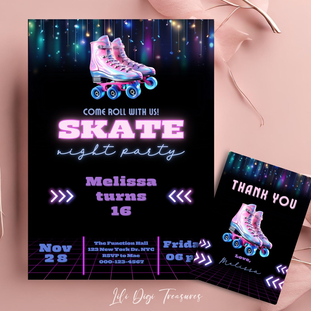 Editable ROLLER SKATE Birthday Invitation, Skate Night Party Invitation ...