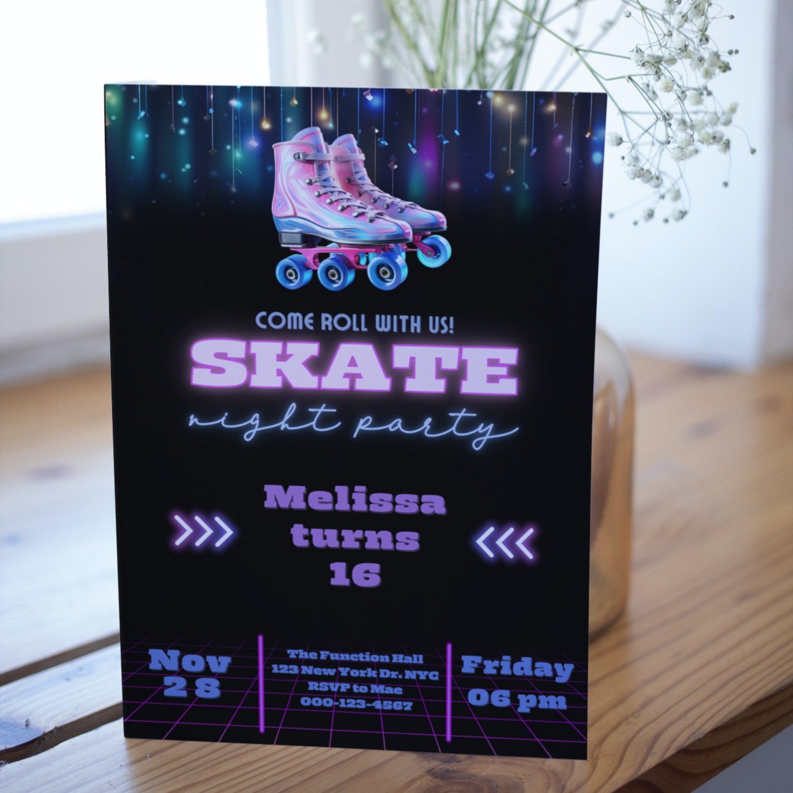 Editable ROLLER SKATE Birthday Invitation, Skate Night Party Invitation ...