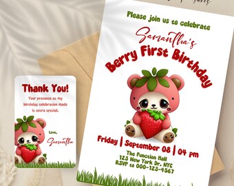 Editable STRAWBERRY Birthday Invitation, Printable Berry First Birthday Invitation, Berry 1st Party Invite, Strawberry First Birthday Girl