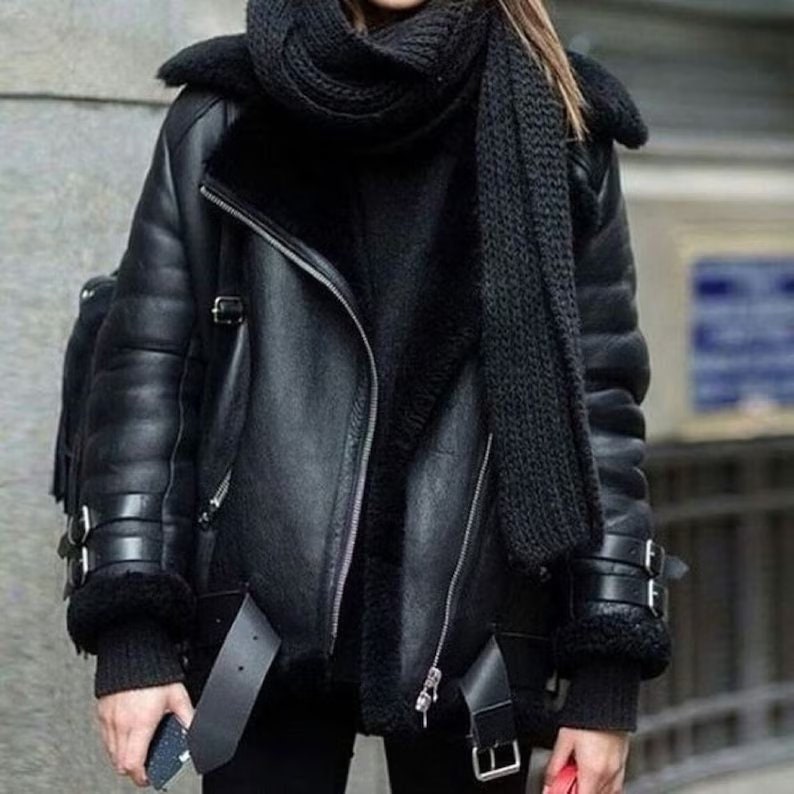 Black Women Leather B3 Bomber Warm Fur Aviator Genuine Sheepskin Leather Jacket