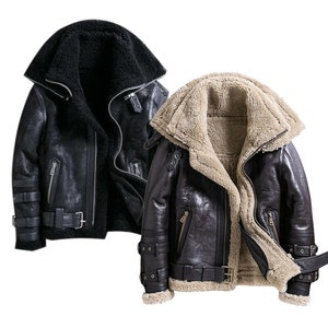 Men&#39;s RAF B3 Bomber Flying Pilot Aviator Fur Sheepskin Leather Jacket Coat - Double Collar Shearling Coat