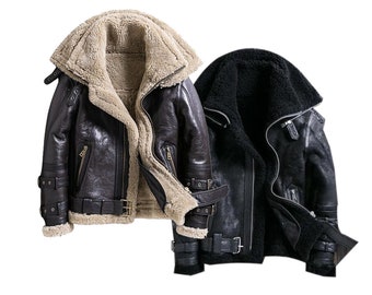 Women&#39;s RAF B3 Bomber Flying Pilot Aviator Fur Sheepskin Leather Jacket Coat - Double Collar Shearling Coat