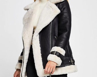 B3 RAF Bomber black Aviator Flying Fur Shearling Real Leather Jacket Coat Women